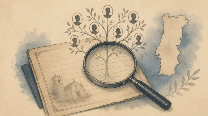 Illustration of tracing a Portuguese family tree from an old document