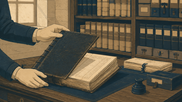 Illustration of researching records in person at a Portuguese district archive