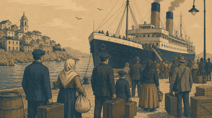 Illustration of Portuguese emigrants departing for America