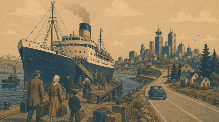 Illustration of Portuguese emigrants arriving in post-war Canada