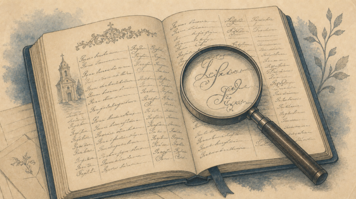 Illustration of reading old Portuguese parish register handwriting