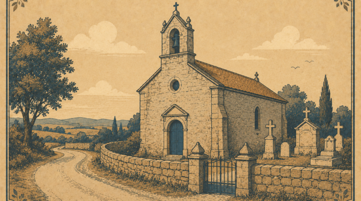 Illustration of visiting an ancestral Portuguese village church and cemetery