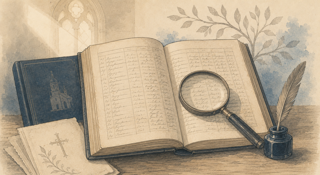 Illustration of a Portuguese parish record book being researched