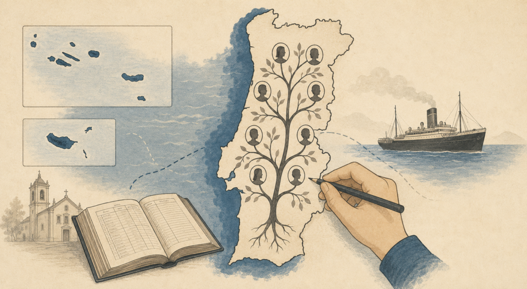 Illustration of a Portuguese family tree traced across mainland Portugal, the Azores, and Madeira